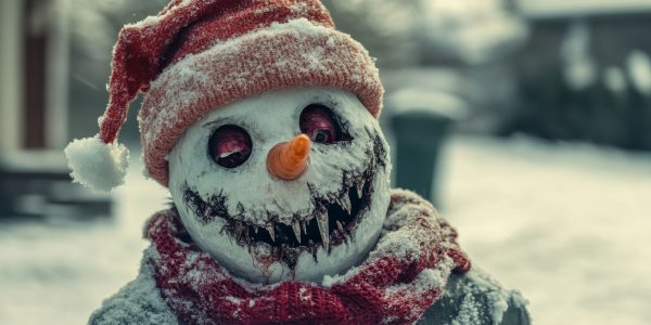 Scary snowman with glowing red eyes and bloody teeth is wearing a santa hat and posing in the snow