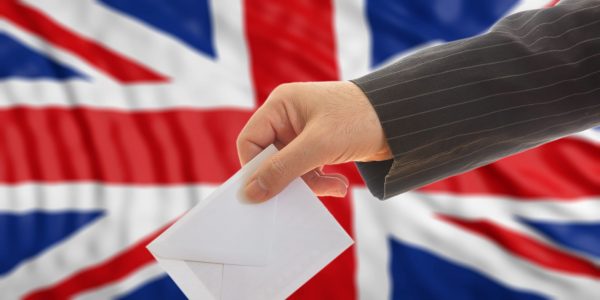 Voter on waiving Great Britain flag background. 3d illustration